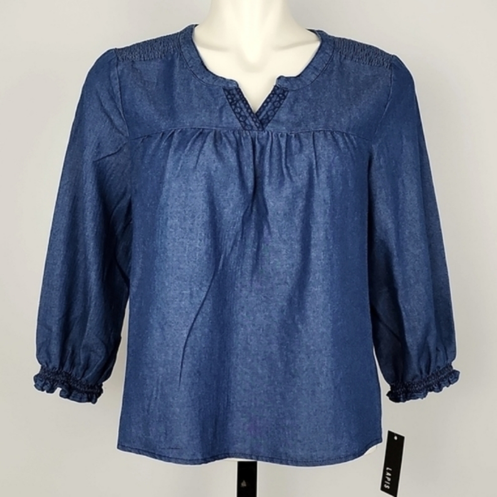 NWT LAPIS Dark Blue Denim 100% Cotton Top Notch Neckline 3/4 Sleeves M